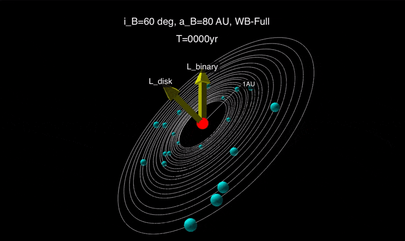 Animation of a typical simulation with a binary separation of 80 au and inclination of 60 deg. The orbits of planetary embryos (denoted with the cyan spheres) were initially aligned with respect to the spin of the primary but finally aligned with respect to the binary orbit. The green arrows denote the normal lines of the primary spin plane (L_spin) and of the binary orbital plane (L_binary) respectively.